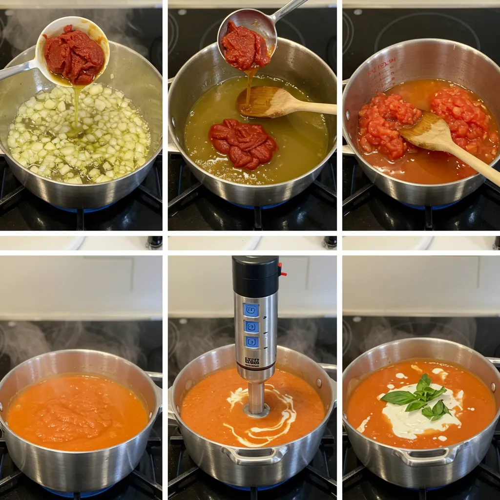 A collage showing each step of cooking Easy Tomato Soup, from sautéing onions to blending the final mixture.