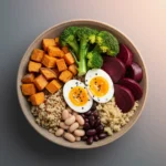 Anti-inflammatory breakfast bowl with quinoa, eggs, and vegetables