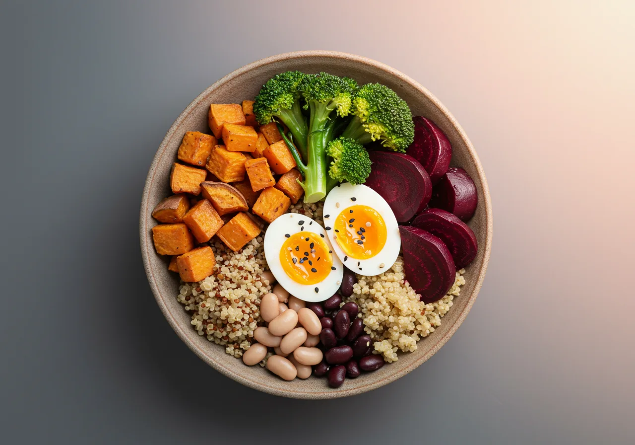 Anti-inflammatory breakfast bowl with quinoa, eggs, and vegetables