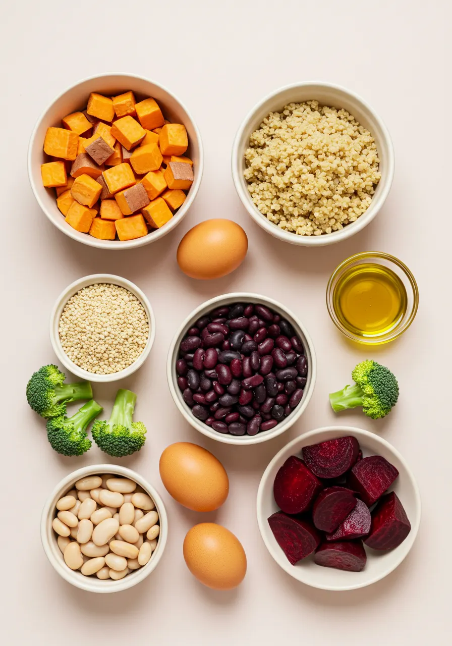 Flatlay of healthy breakfast bowl ingredients