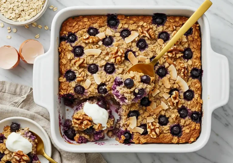 Blueberry-Coconut-Walnut Baked Oatmeal in a white dish topped with fresh blueberries, coconut flakes, and walnuts.