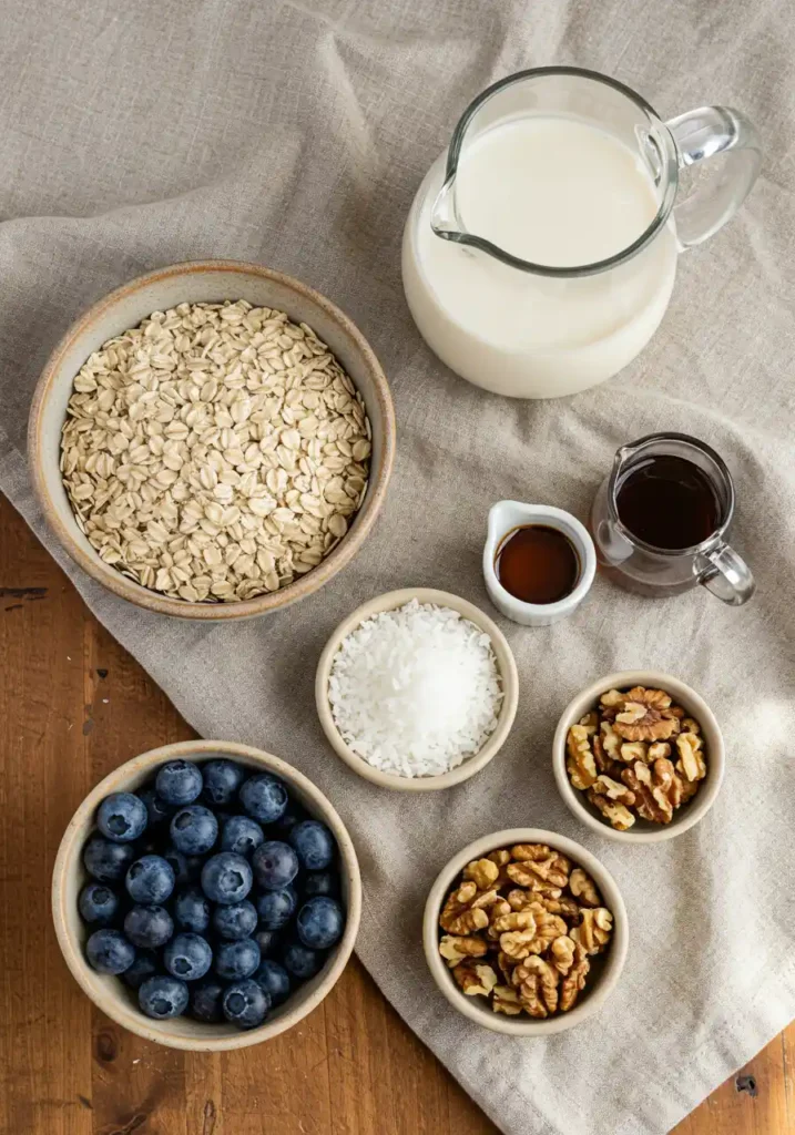 Overhead view of rolled oats, fresh blueberries, shredded coconut, toasted walnuts, almond milk, and maple syrup for Blueberry-Coconut-Walnut Baked Oatmeal.