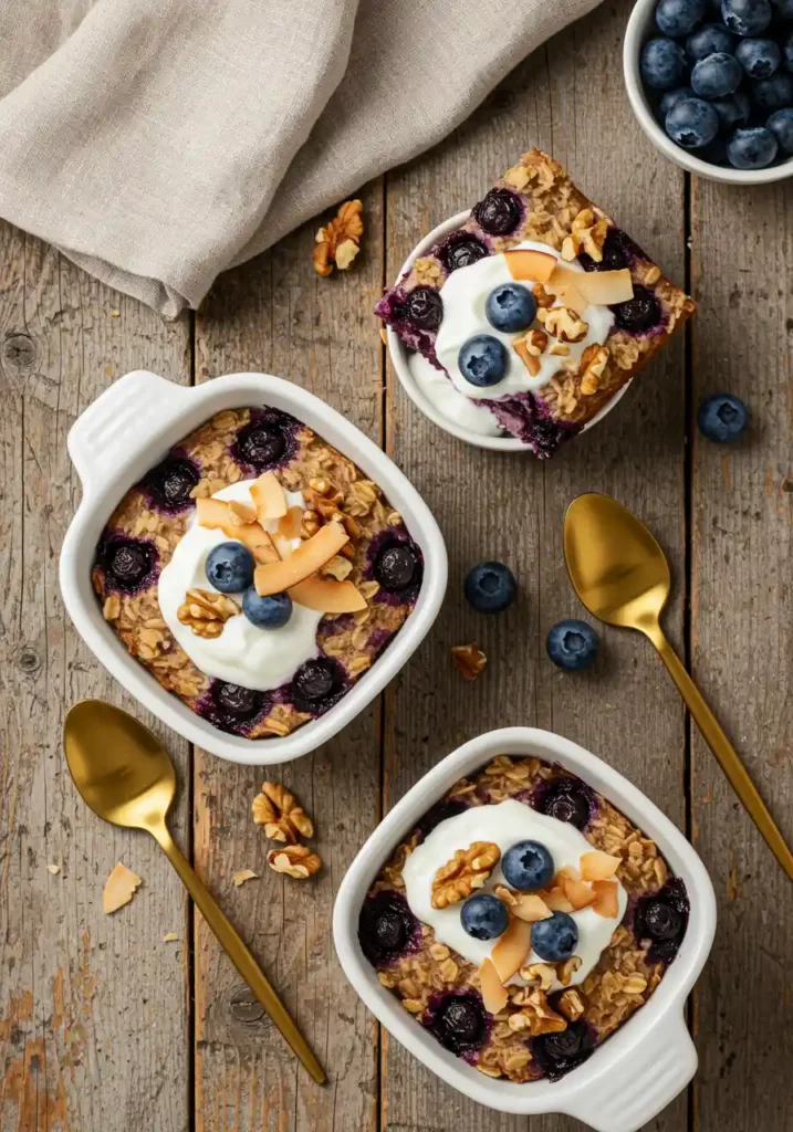 Two white ramekins of Blueberry-Coconut-Walnut Baked Oatmeal topped with yogurt, fresh blueberries, coconut flakes, and walnuts on a wooden table.