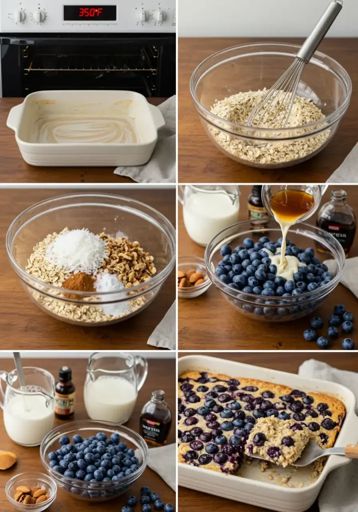 Four-panel collage illustrating Blueberry-Coconut-Walnut Baked Oatmeal preparation: a greased dish beside an oven at 350°F, a bowl of oats and spices with a whisk, almond milk and syrup pouring into the mix next to blueberries, and the batter spread and topped with blueberries in a ceramic dish.