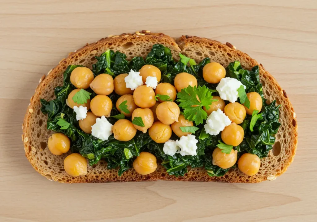 Chickpea and kale toast with feta on wooden background