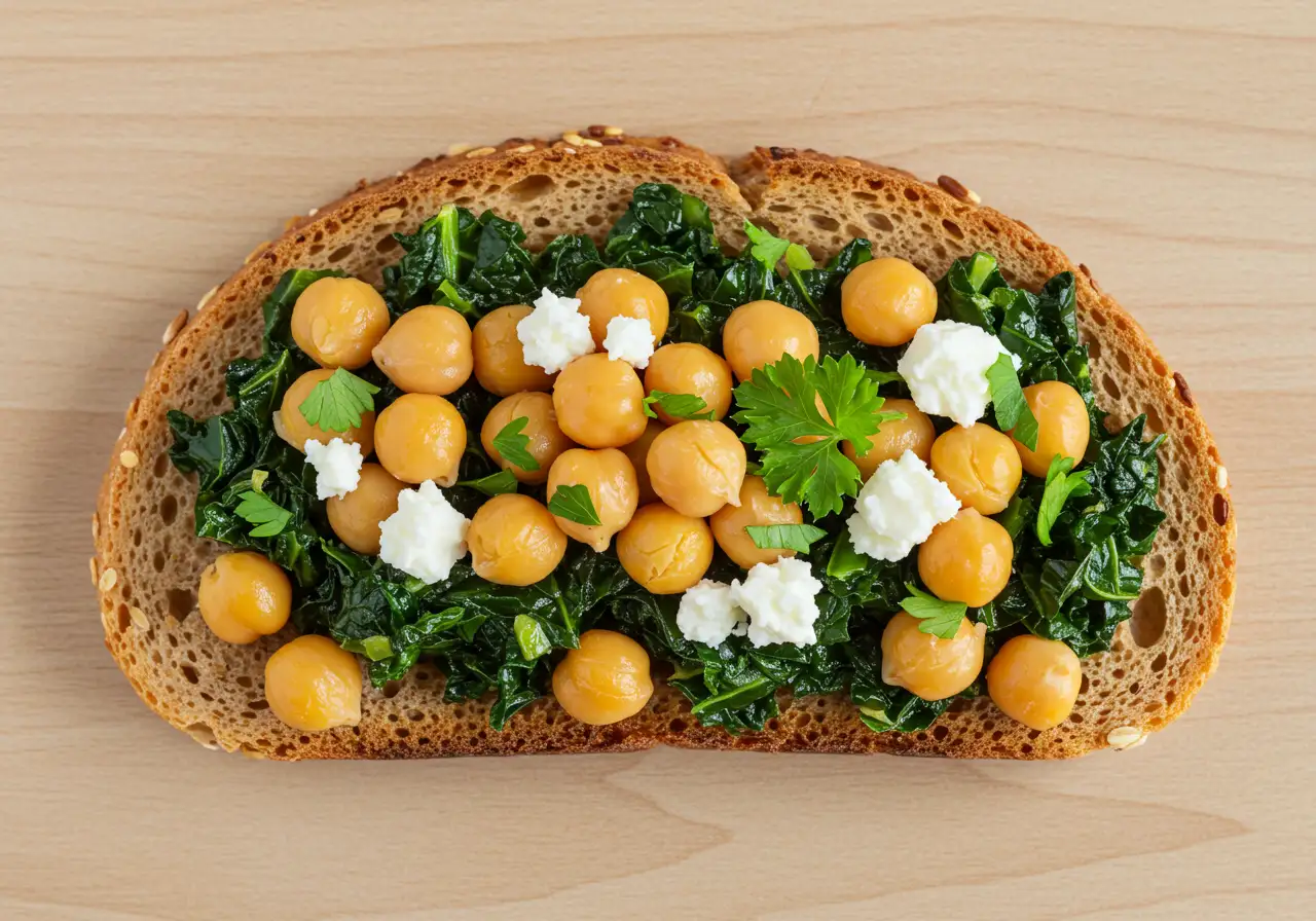 Chickpea and kale toast with feta on wooden background