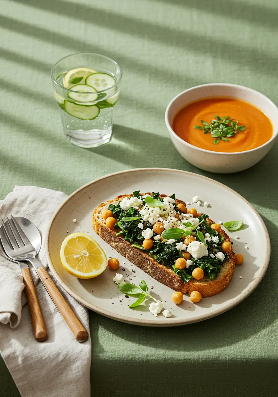 Chickpea & kale toast served with soup and lemon