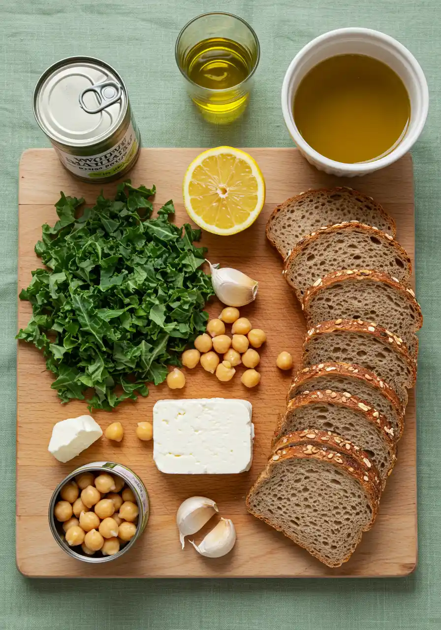Chickpea and kale toast ingredients flatlay