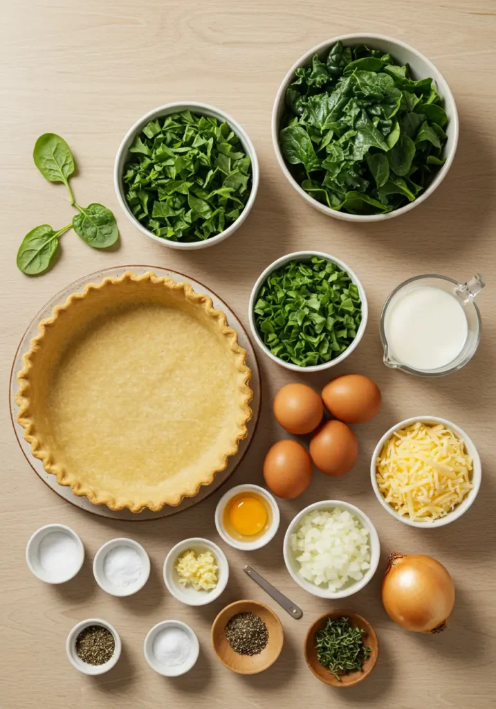 Ingredients for Greens Quiche arranged on a wooden surface.