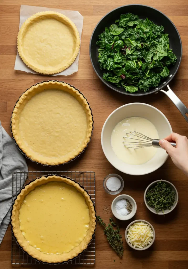 Process shots of Greens Quiche prep showing a par-baked crust, wilted greens, whisked egg custard, and final assembly.