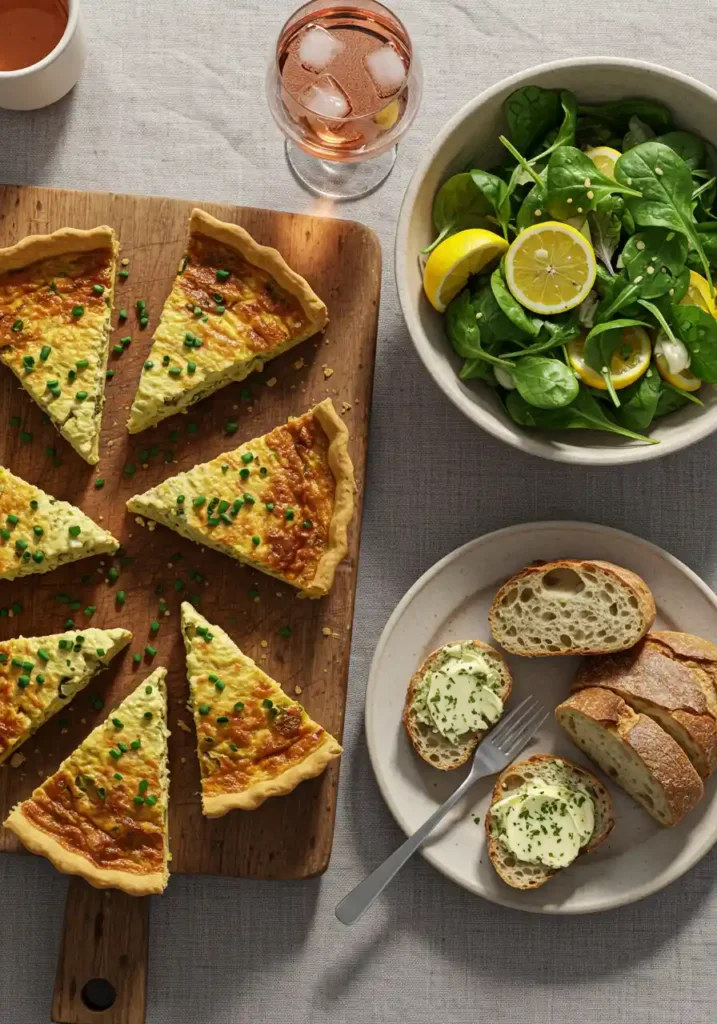 Plated Greens Quiche slices with salad and bread on a wooden board.