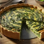 Golden Greens Quiche filled with spinach, kale, and Swiss chard in a flaky crust.