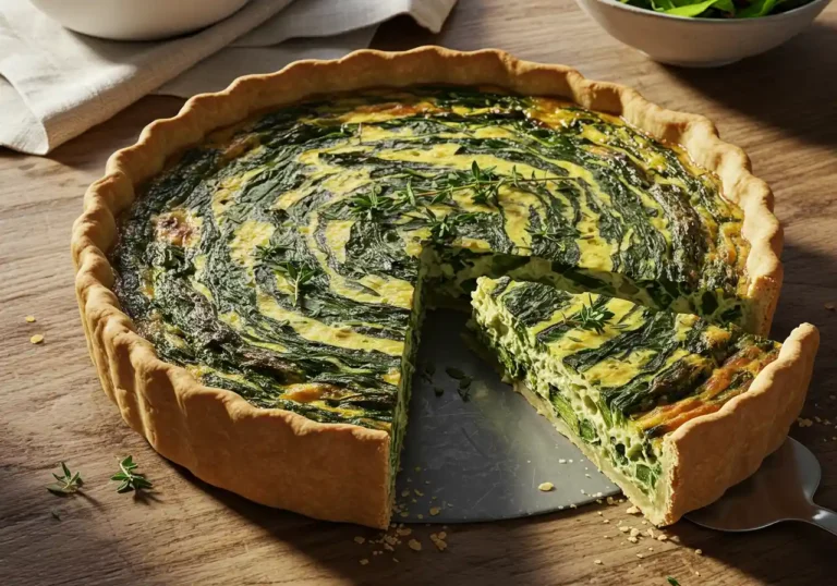 Golden Greens Quiche filled with spinach, kale, and Swiss chard in a flaky crust.