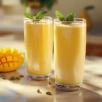 Two glasses of No-Added-Sugar Mango Lassi Smoothie garnished with fresh mint.