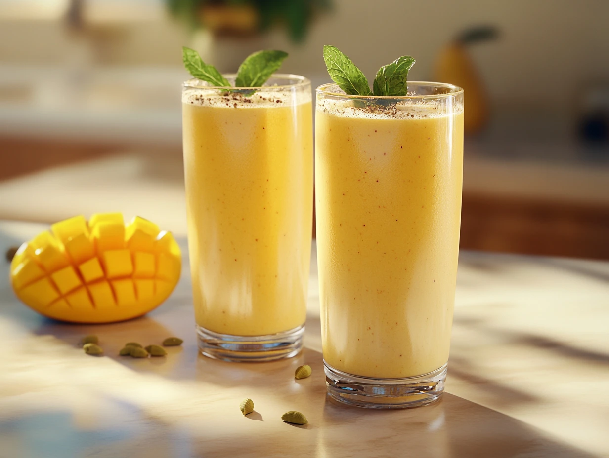 Two glasses of No-Added-Sugar Mango Lassi Smoothie garnished with fresh mint.