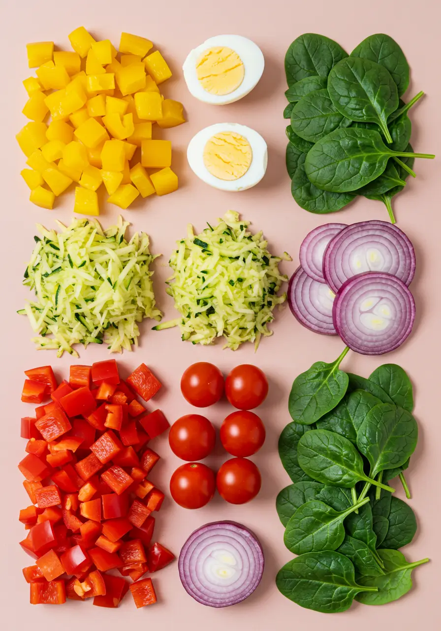 Fresh vegetables and eggs for rainbow frittata