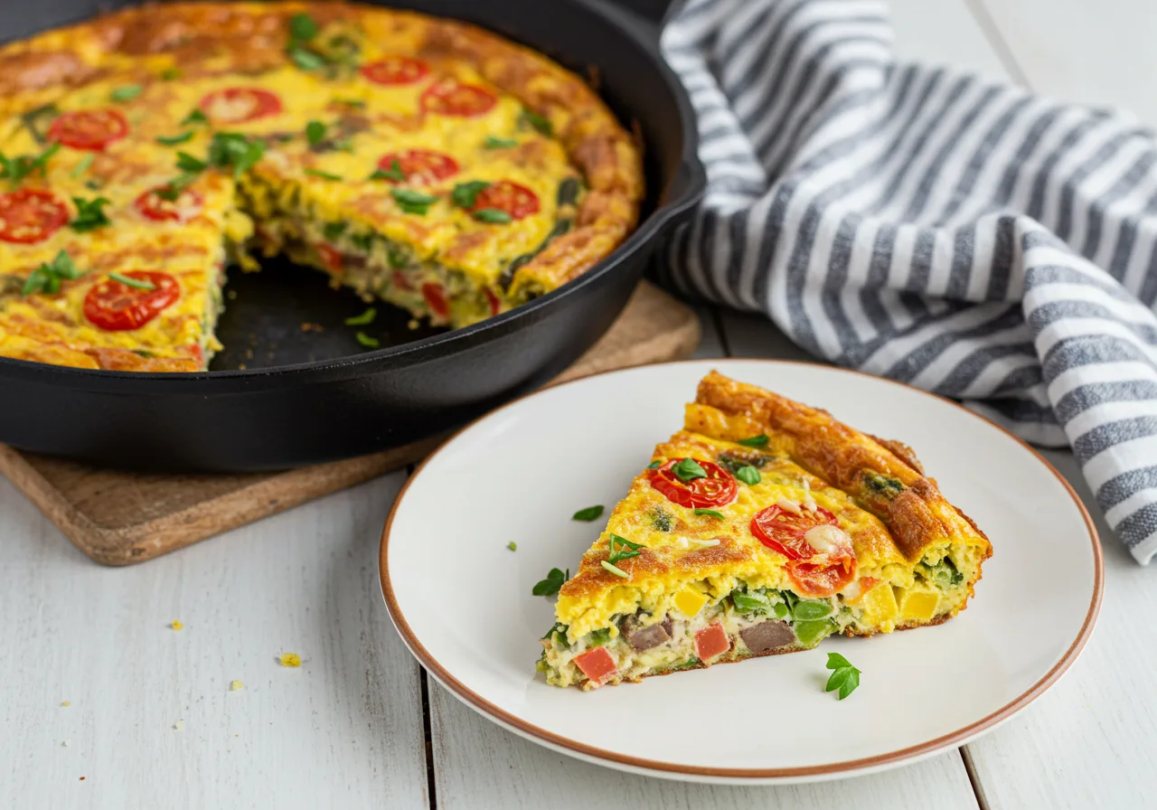 Sliced rainbow frittata on white plate next to skillet