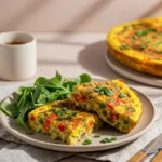 Served slices of rainbow frittata on a plate with garnish