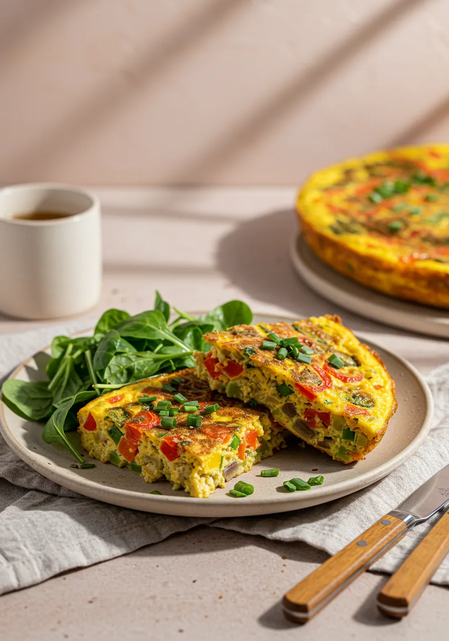 Served slices of rainbow frittata on a plate with garnish