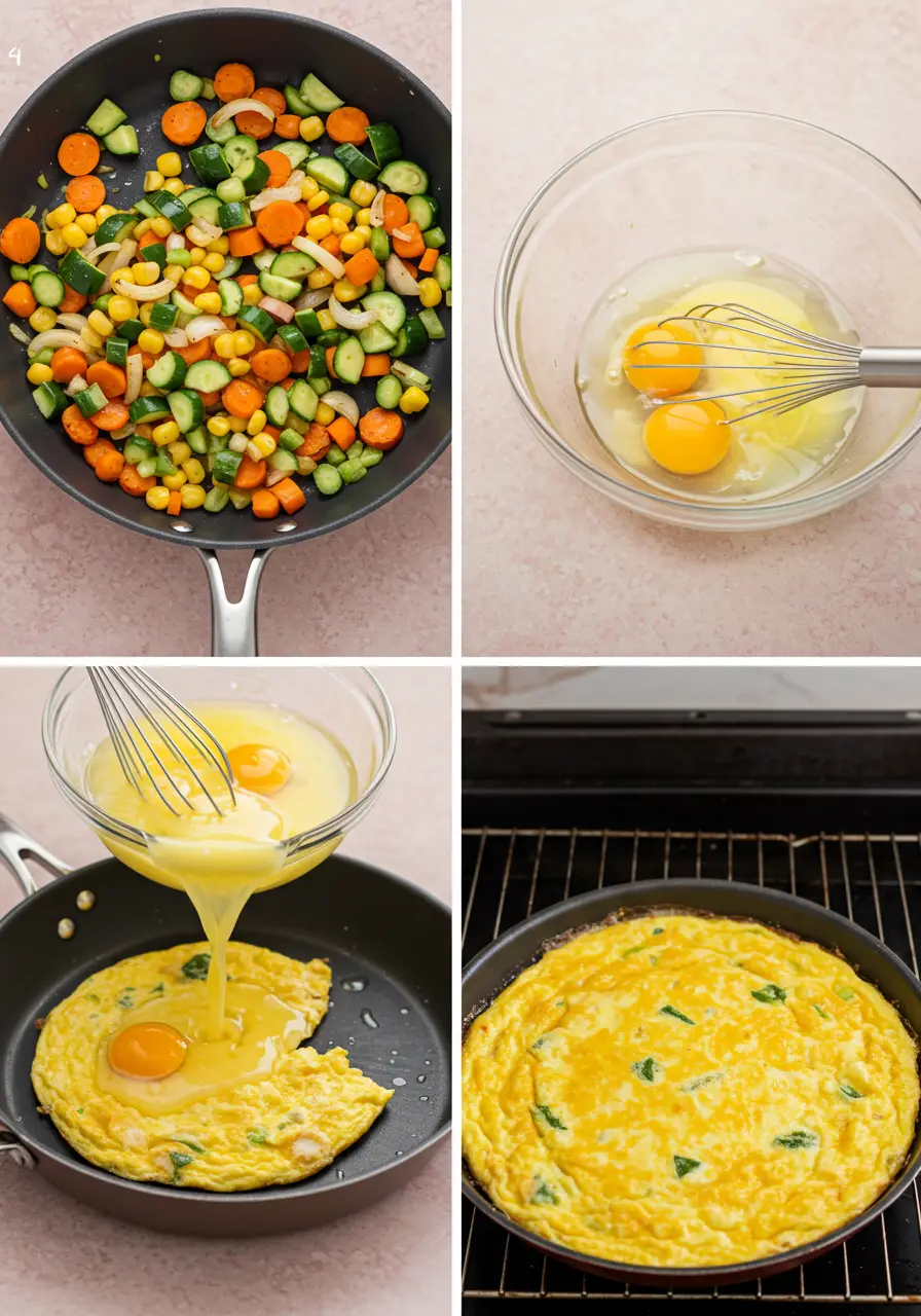 Step-by-step collage of rainbow frittata preparation