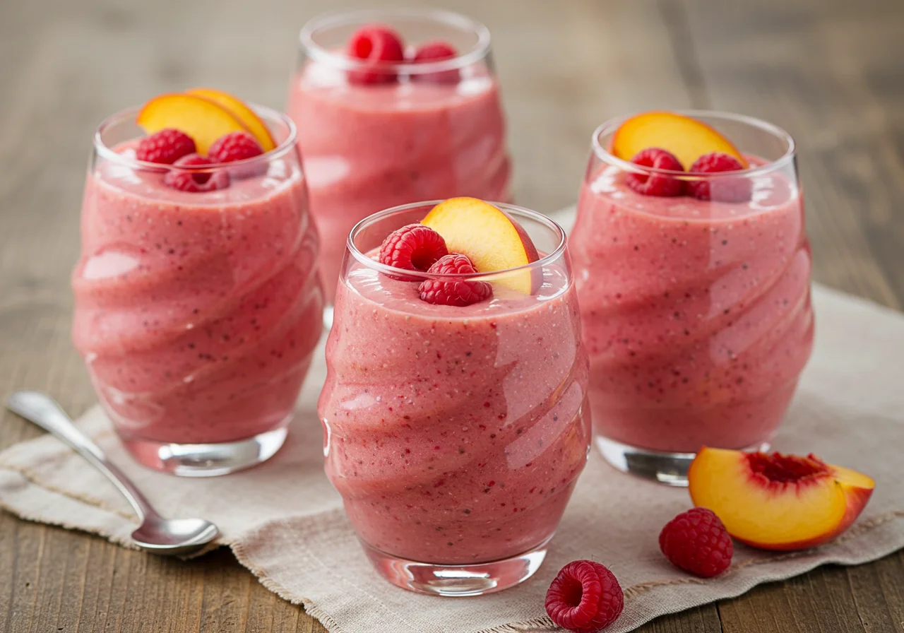 Raspberry peach chia smoothie in swirl glasses with fruit garnish