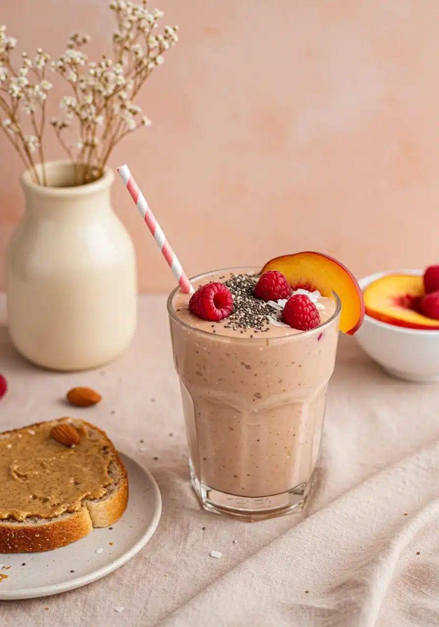 Raspberry peach smoothie served with toast