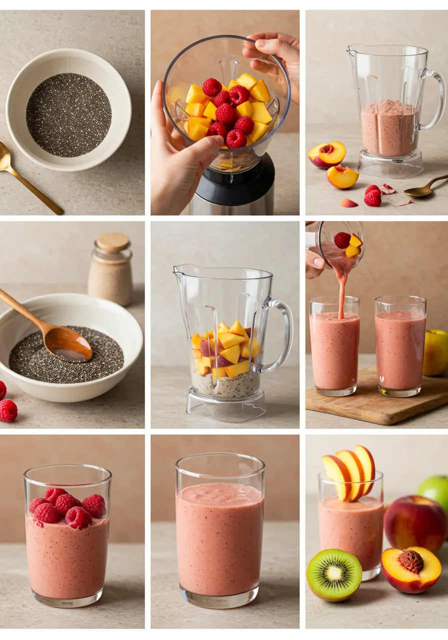 Steps for making a raspberry peach chia smoothie