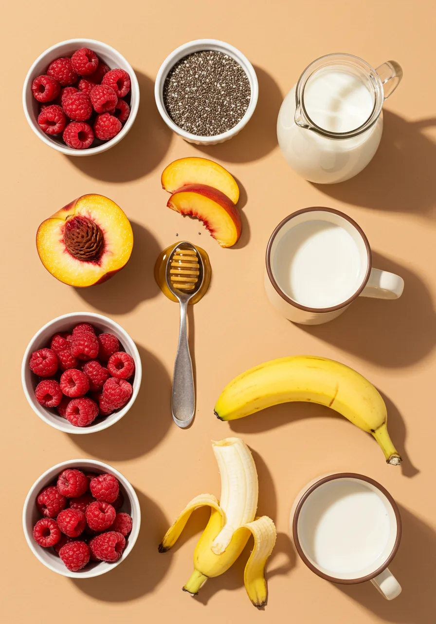 Ingredients for a raspberry peach chia smoothie arranged flat