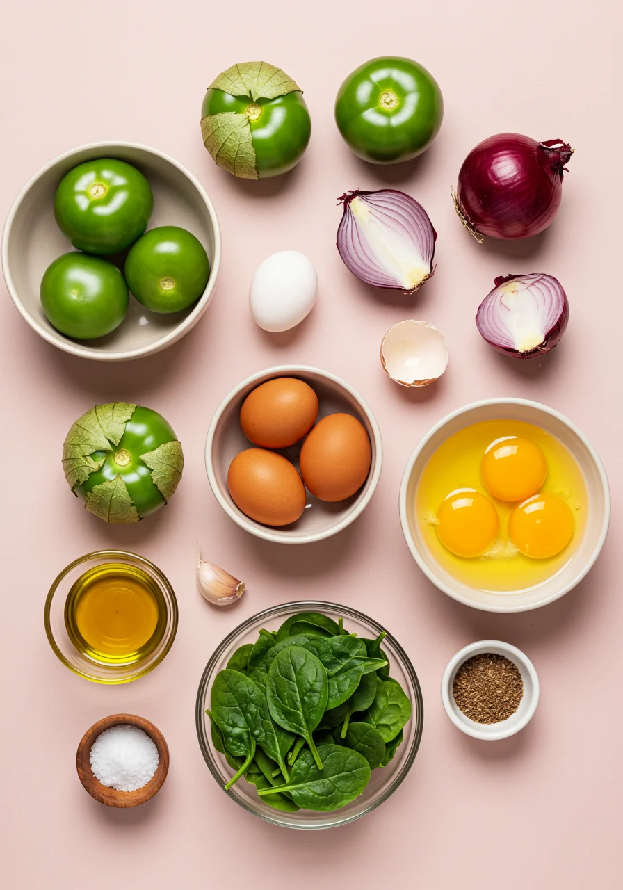 Fresh ingredients for skillet eggs with tomatillos and spinach