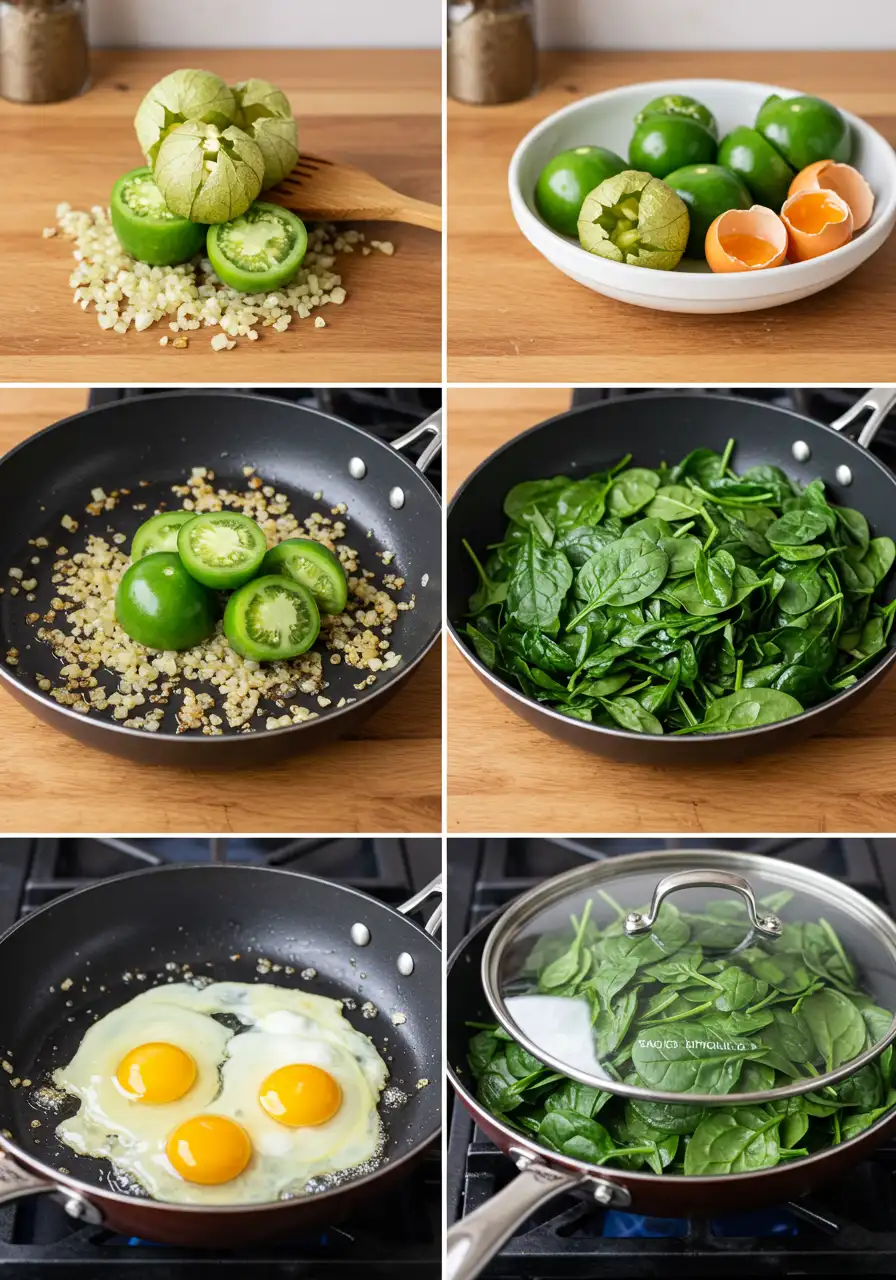 Step-by-step cooking process for skillet eggs with tomatillos and spinach