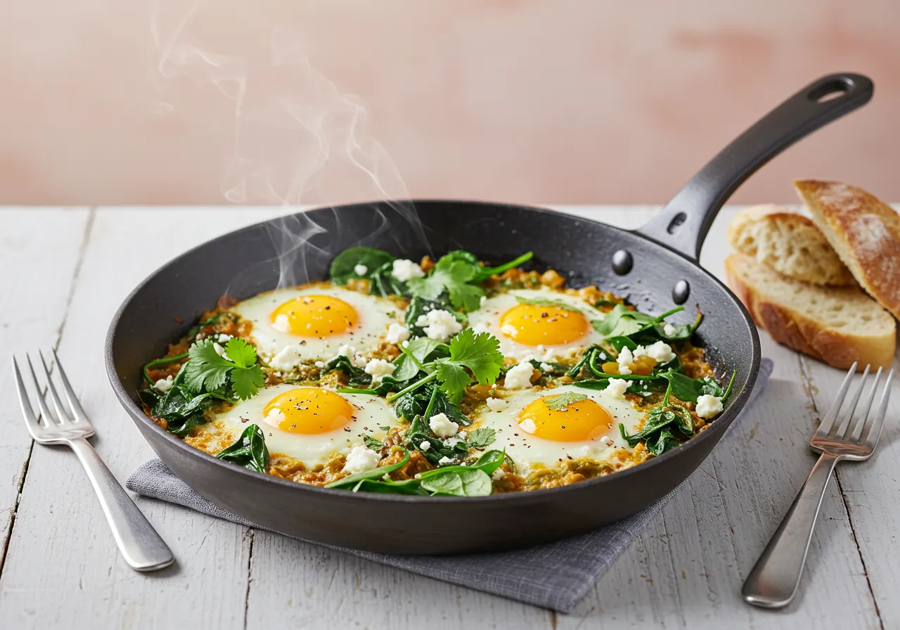 Skillet eggs with tomatillos and spinach served warm