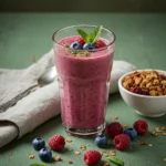 Berry smoothie served with granola and mint on rustic green table