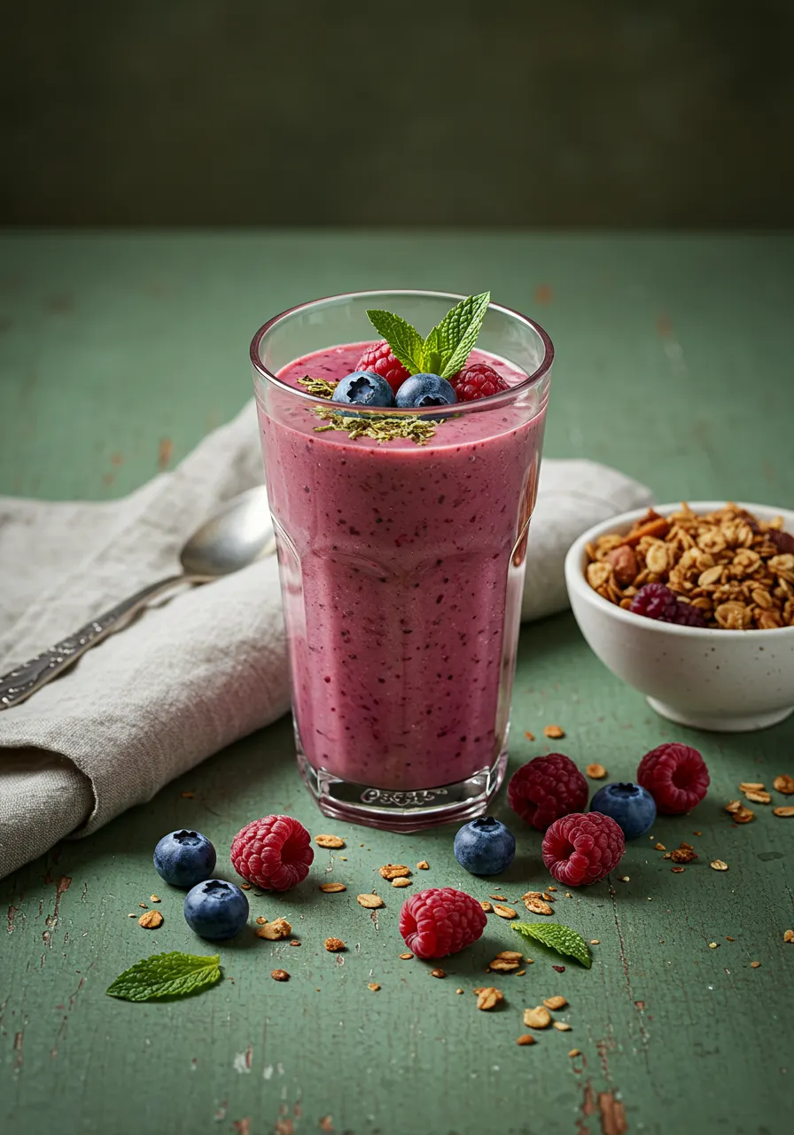 Berry smoothie served with granola and mint on rustic green table