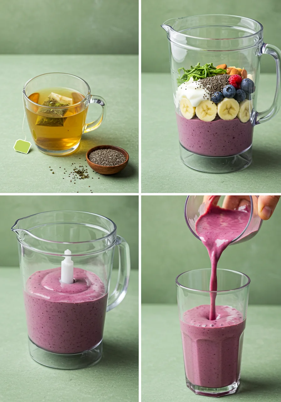 Step-by-step berry-green tea smoothie process in four panels