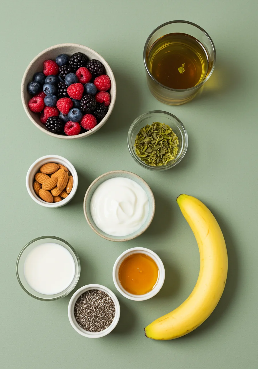 Flatlay of smoothie ingredients on sage background.