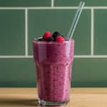 Tall glass of thick berry-green tea smoothie topped with berries.