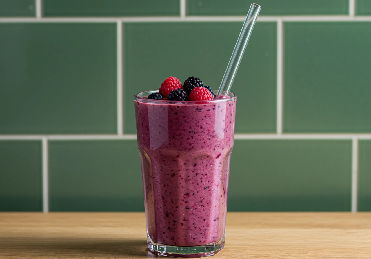 Tall glass of thick berry-green tea smoothie topped with berries.