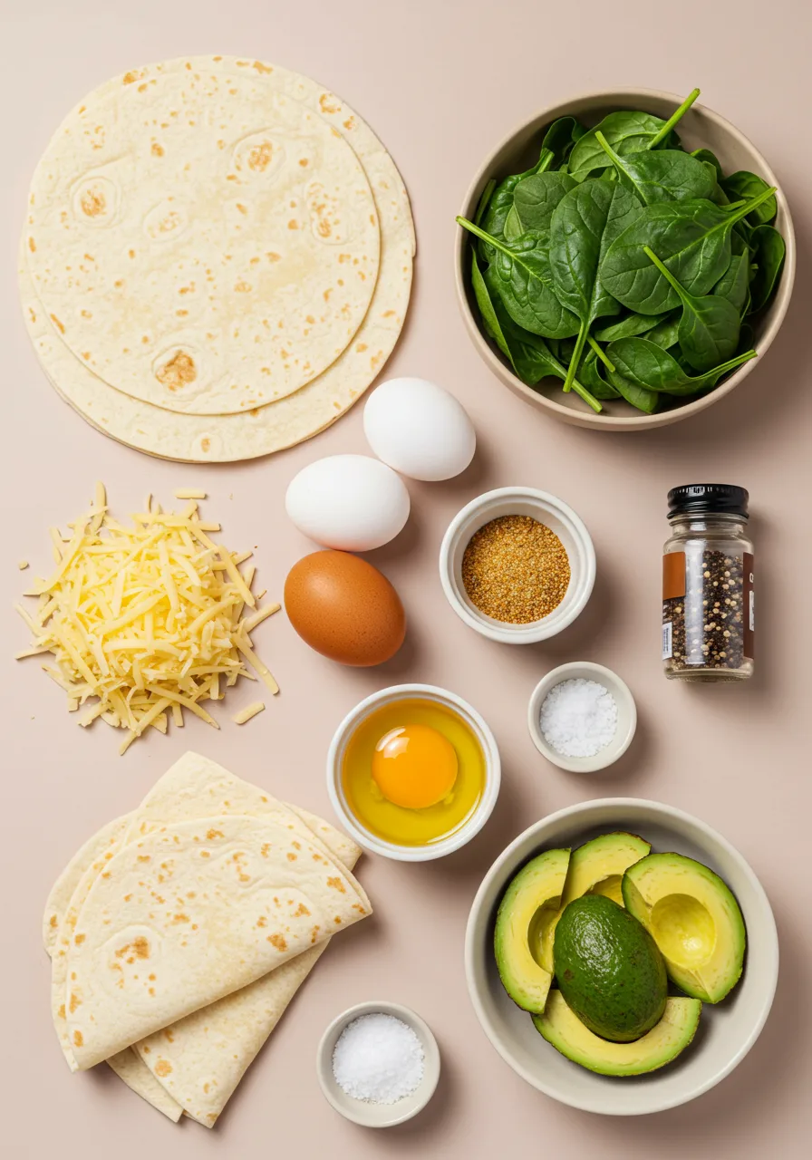 Flatlay of fresh quesadilla ingredients on pink background