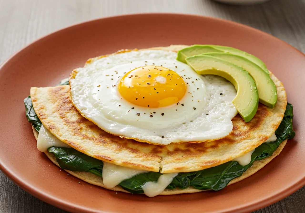 Cheesy egg quesadilla with spinach and avocado on ceramic plate