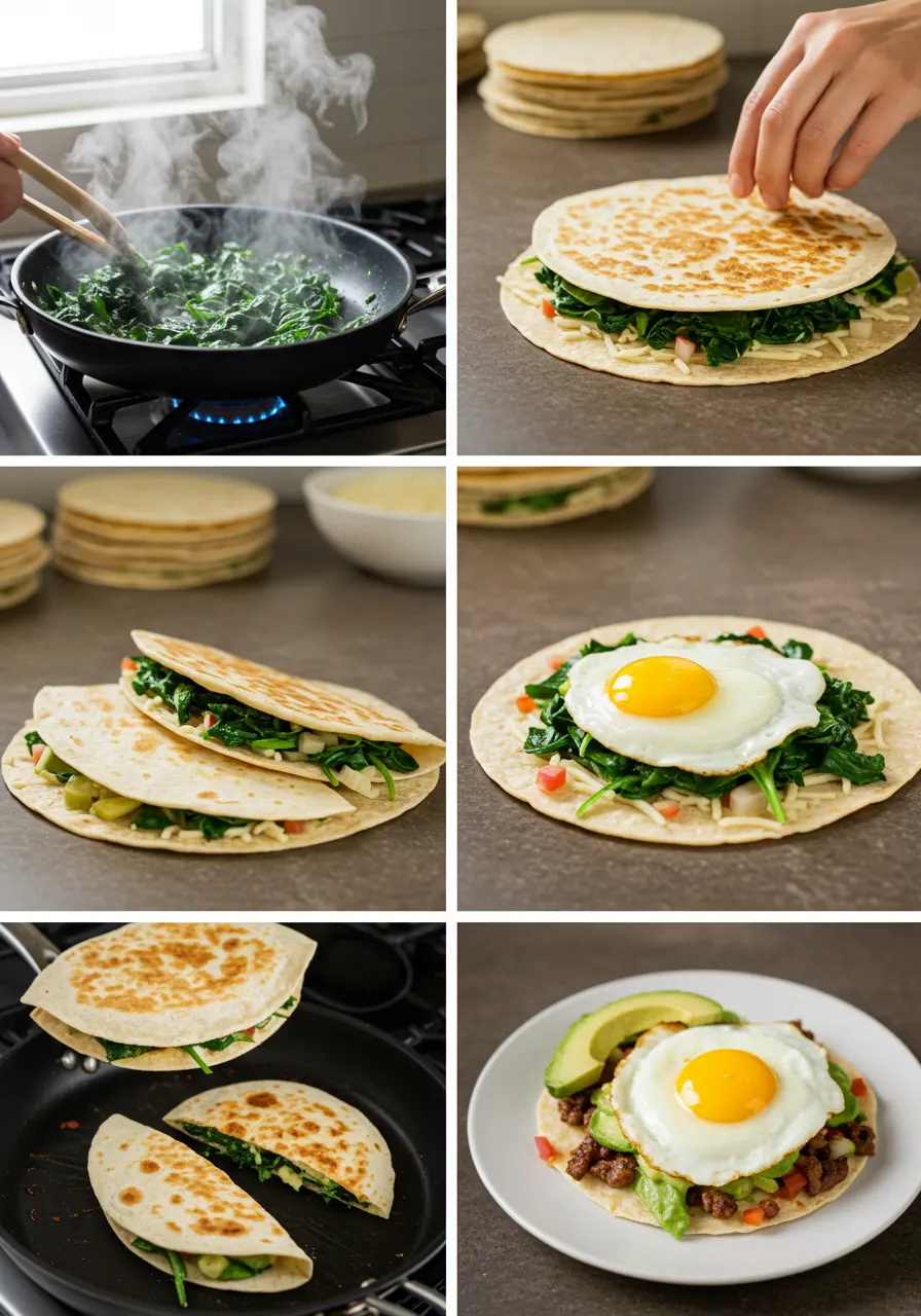 Step-by-step visuals of making a spinach egg quesadilla