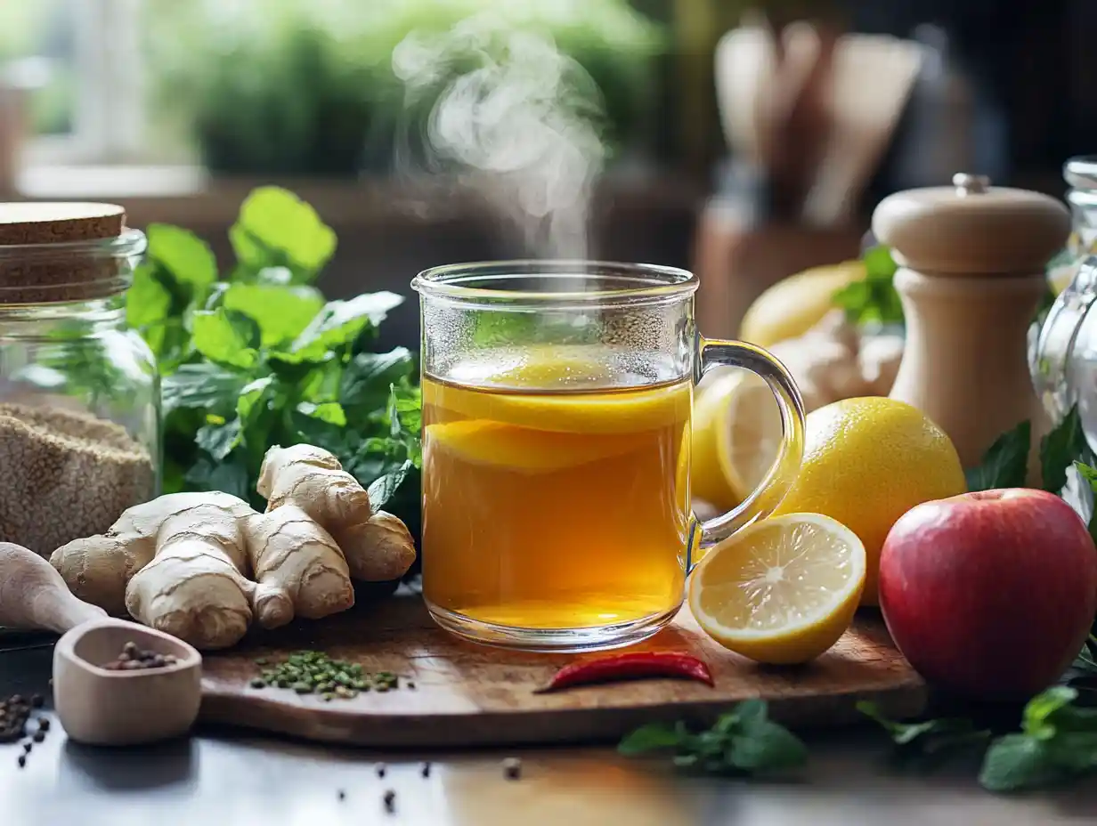 Brazilian Mounjaro drink and ingredients on rustic kitchen counter