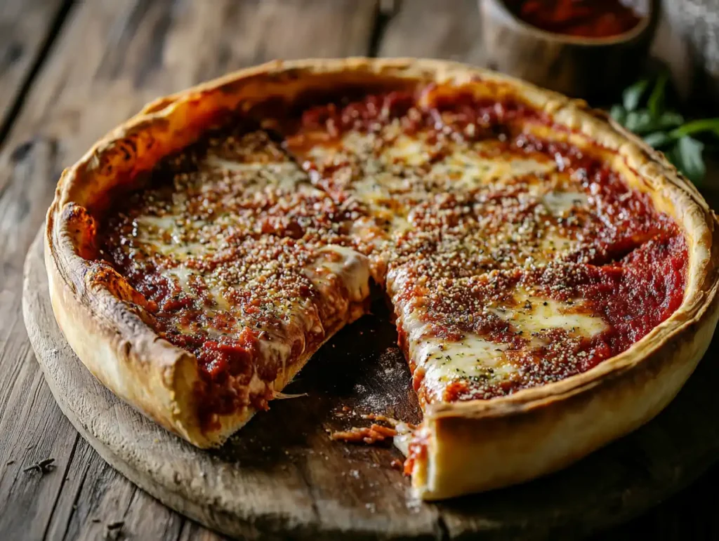 Chicago style deep dish pizza fresh from oven