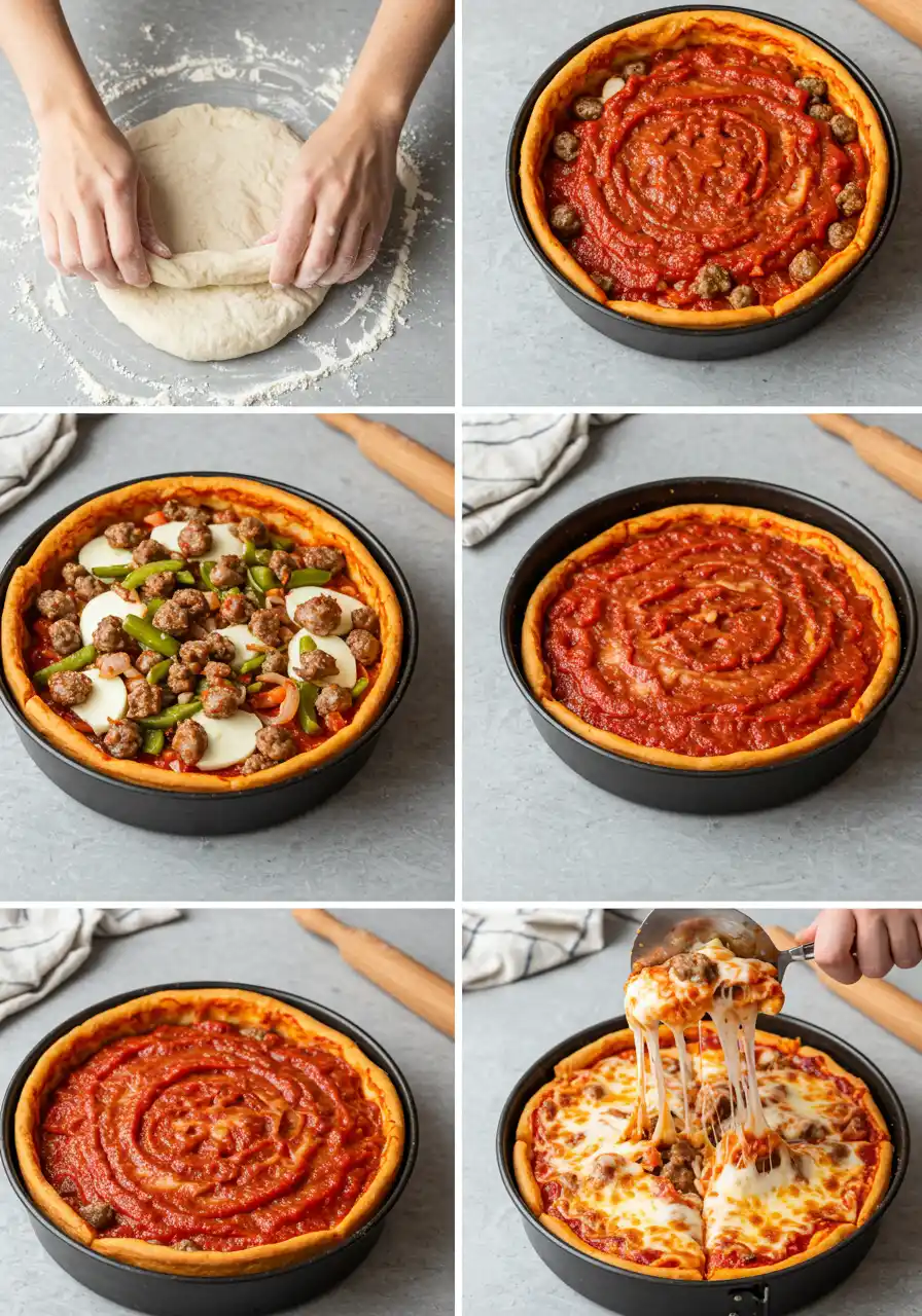 Step-by-step making of Chicago deep dish pizza