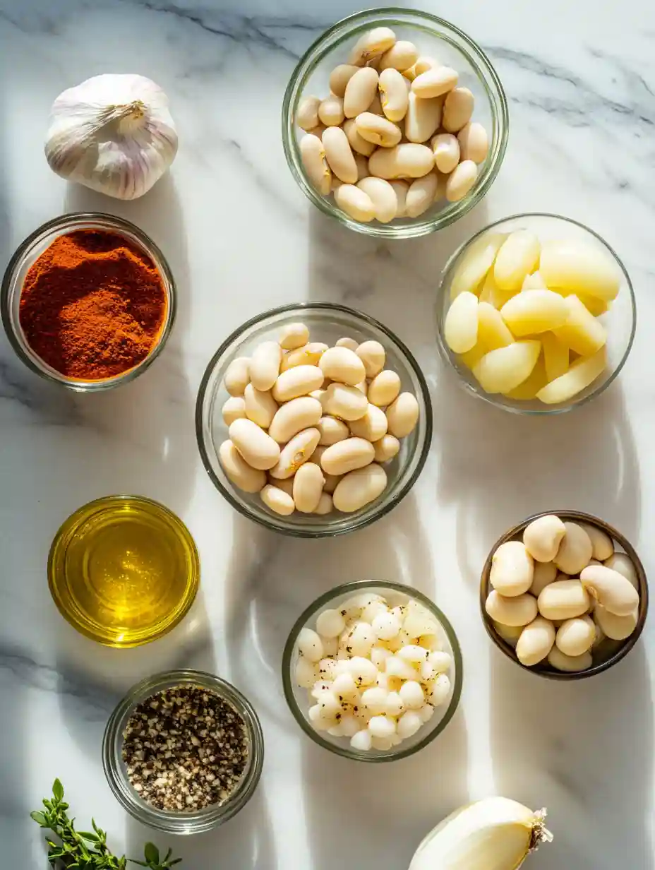 Ingredients for Creamy Butter Beans laid out on a kitchen counter