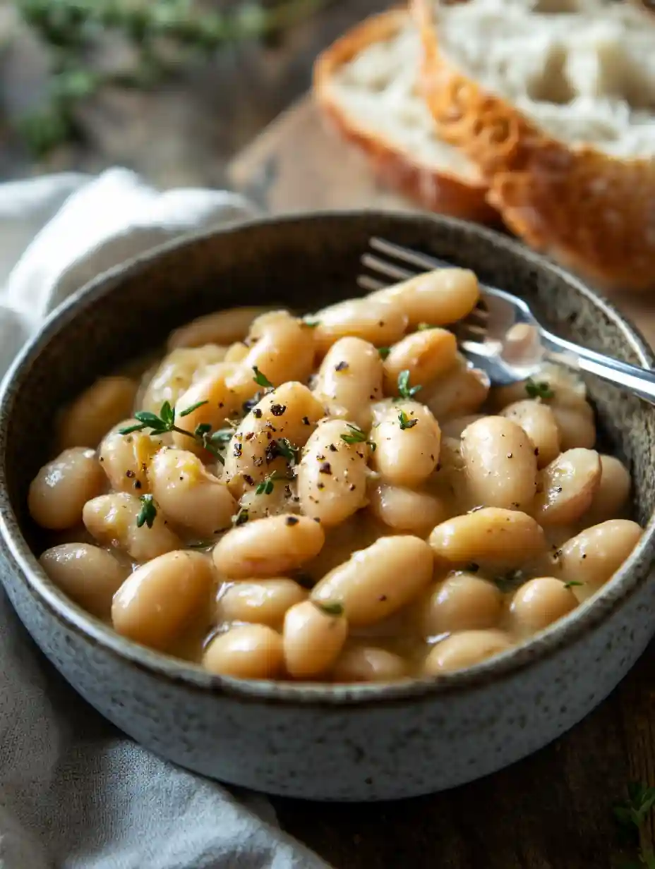 Creamy butter beans served with crusty bread