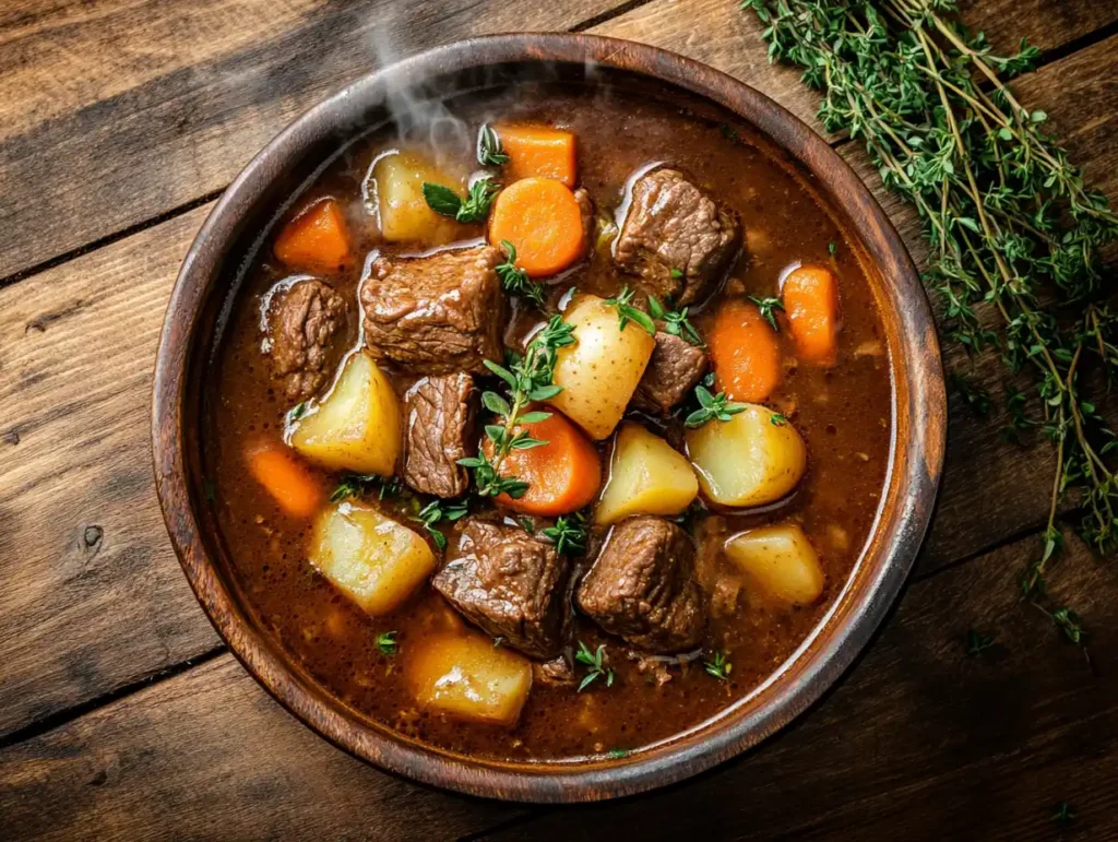 Easy beef stew in bowl with vegetables and herbs