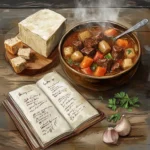 Illustrated stew recipe card with finished dish