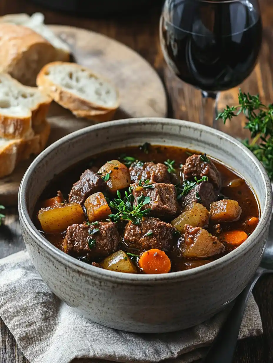 Bowl of stew with bread and parsley garnish