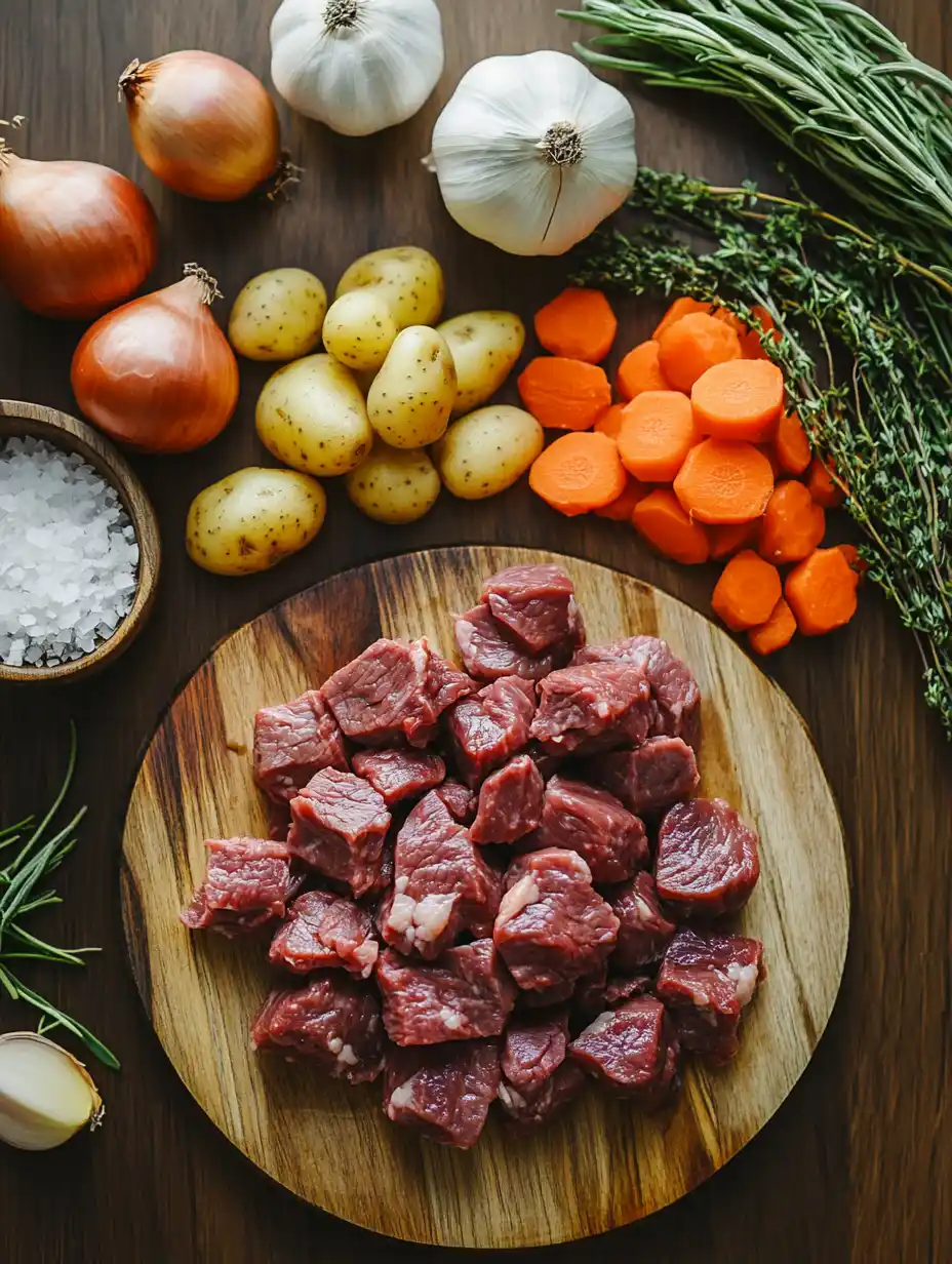 Chopped ingredients for beef stew laid out