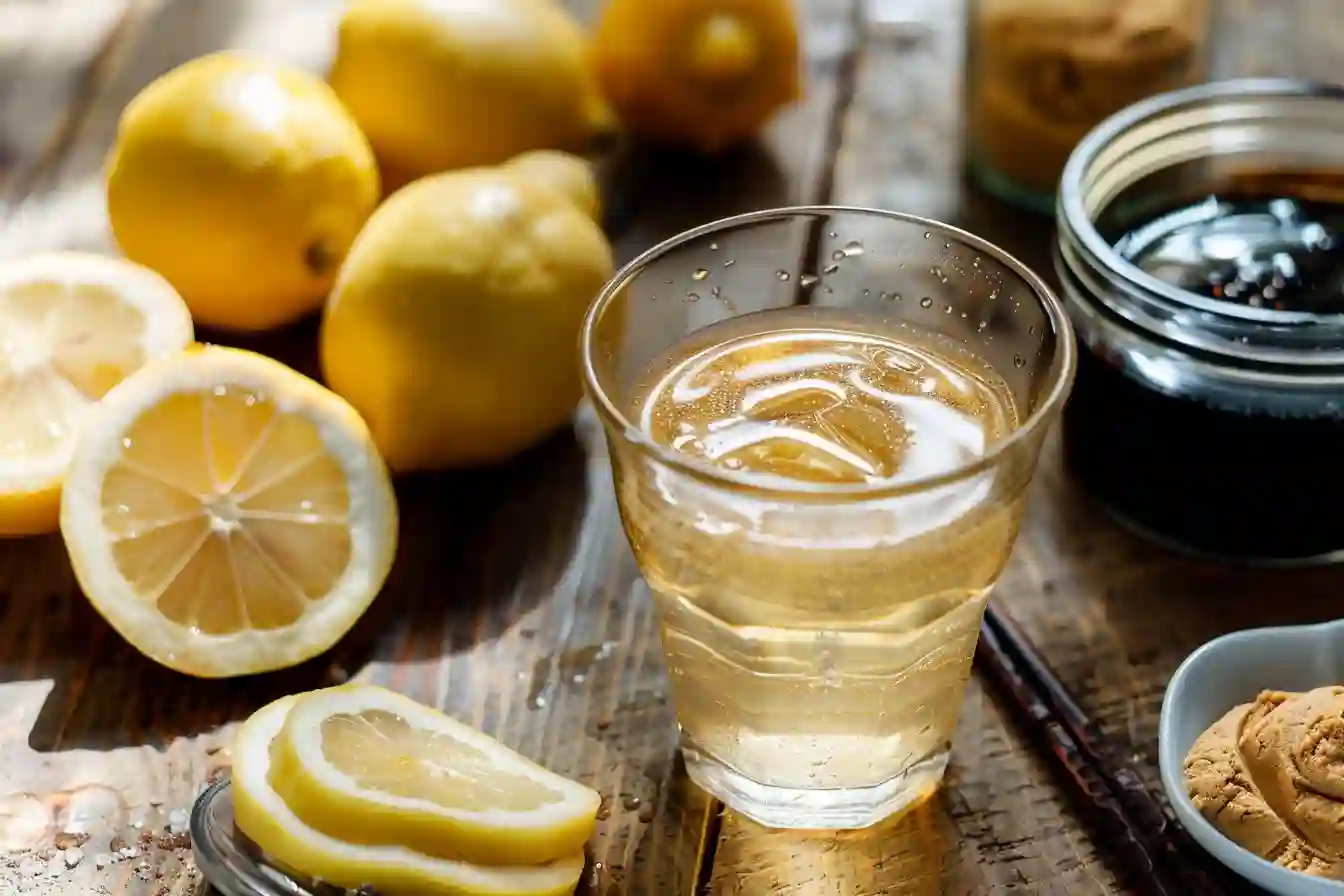 Japanese Mounjaro detox drink in a glass with miso, daikon, lemon, and matcha